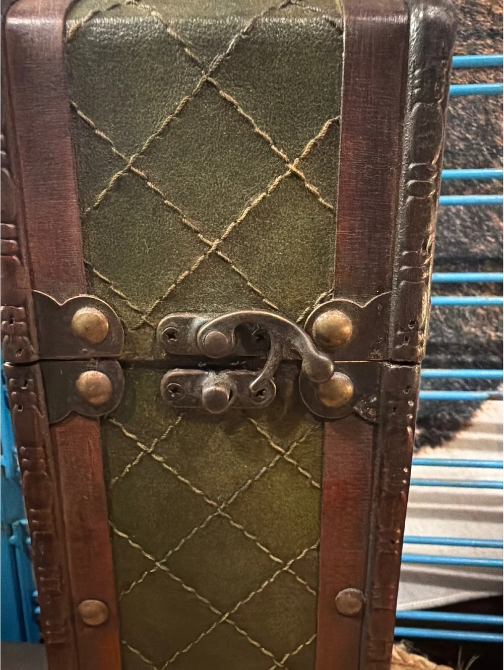 Vintage Wooden and Leather Decorative Box with Metal Handle and Lock